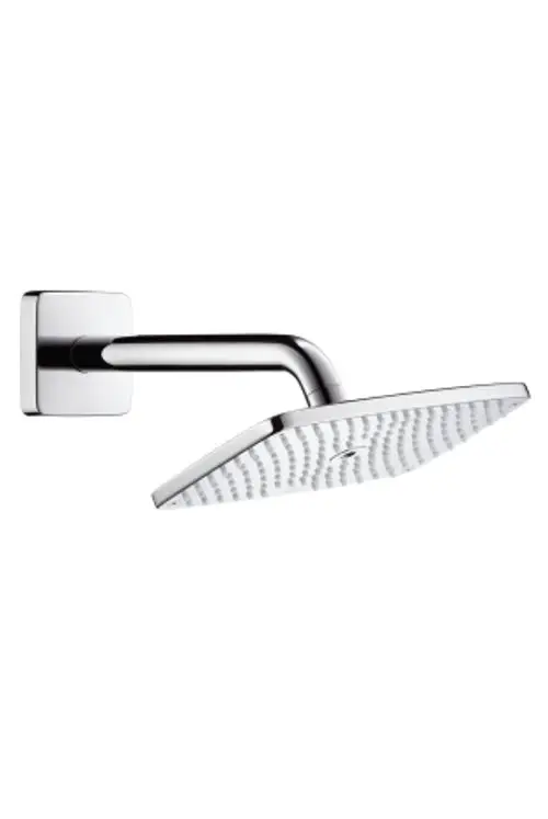 Hansgrohe Kopfbrause mit flachem, quadratischem Kopf und Brausearm in Chrom. Die Oberflächenstruktur zeigt gleichmäßig verteilte Düsen.